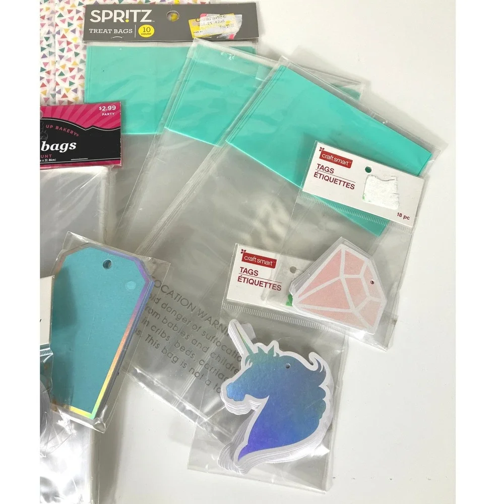 Party Gift And Treat Bags And Tags Lot NWT Unicorn Teal Gold